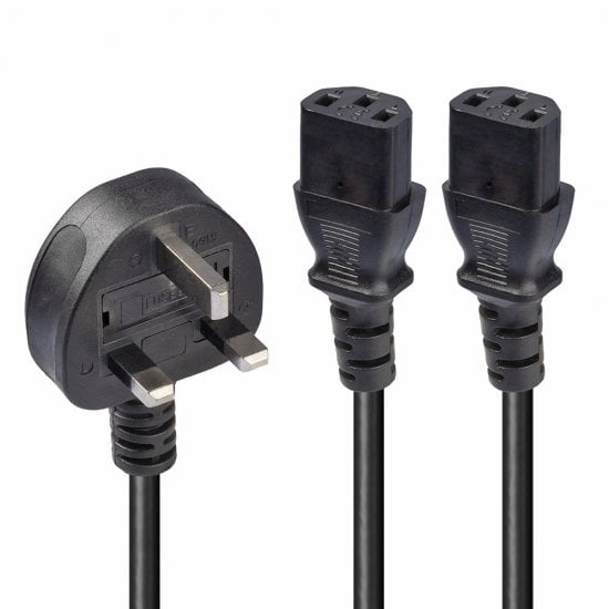 Lindy 2.5m UK 3 Pin Plug to 2 x IEC C13 Splitter Extension Cable, Black